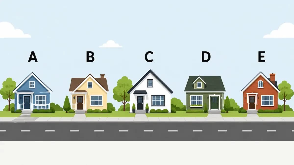 A simple street map graphic showing five house
